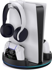 NEWDERY for PS5 /PS5 Slim/PS 5 Pro Stand, Dual Controller Charger Station with R