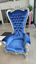 Blue Velvet Upholstered Baroque Throne Chair Tufted High Back Silver Frame
