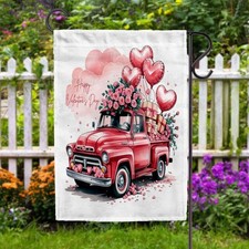 Valentines Truck With Roses Garden Flag, Romantic Heart Balloons Flag, Floral Va