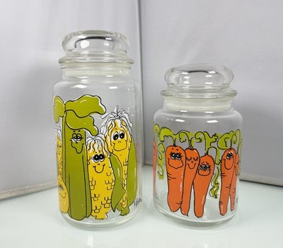 2pc Anchor Hocking Hildi Anthropomorphic Corn Carrots Veggies Glass Jars w/ Lids