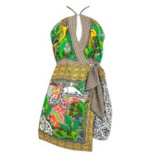 Farm Rio Mini Dress Gayatri Tropical Print  Viscose Wrap Knot Green Sz M