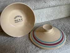 Vintage Watt Pottery Ribbed Casserole w/Lid Pink Blue Stripe #600 SD Advertising