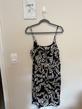 Nine West Womens L Black White Abstract Babydoll V-Neck Strappy Lined Tie