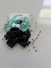 Set of 2 Girls Black  Green Fabric Bow Hair Clips w/ Beaded Flower Party, OS