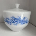 Vintage Federal Milk Glass Bowl With Lid 60s Blue Roses 1.5 Quart Made USA
