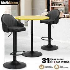 Set of 3 Wooden Pub Table Bar Stools Set Adjustable Counter Height Leather Seat