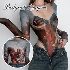 Women Bodysuit Lingerie Printed See Through Long Sleeve Shirt Catsuit Jumpsuits