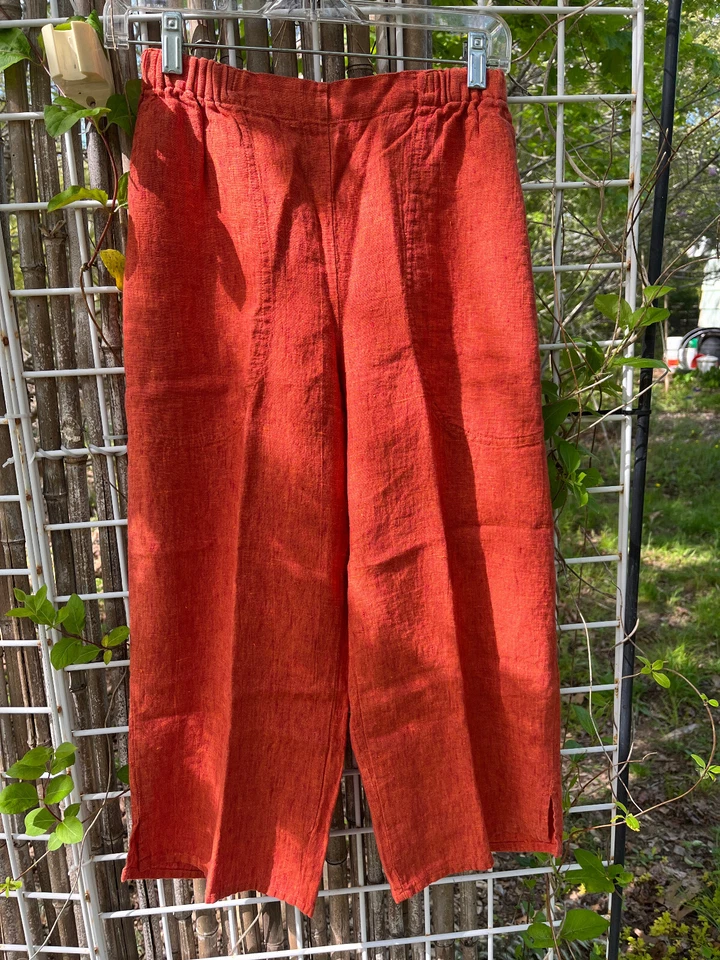 Pantalón FLAX Grande Corte Pantalones Lino Shrter Floods Naranja Quemado Amapola Frente Plano Foto 4 de 4