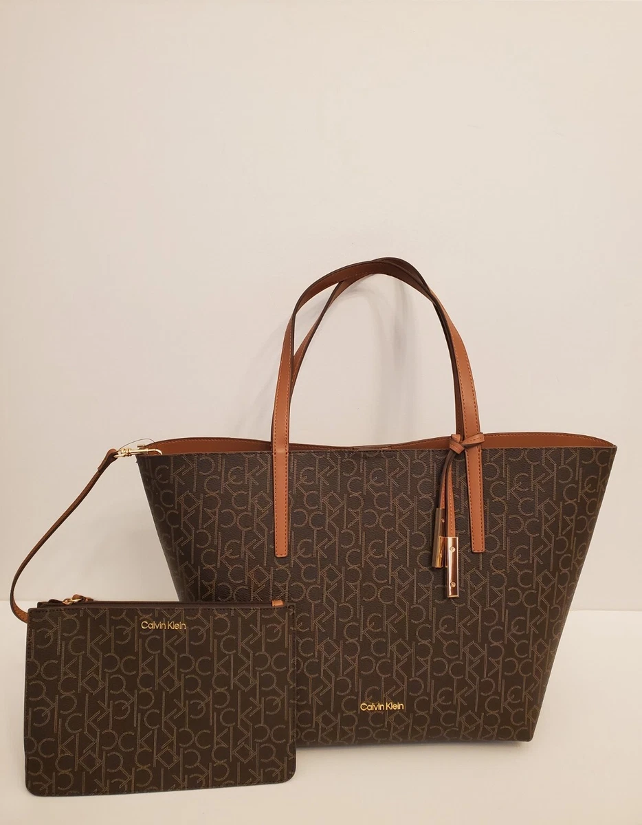 Calvin Klein Womens Large Tote Handbag Bonus Zip Pouch CK Logo Brown Gold