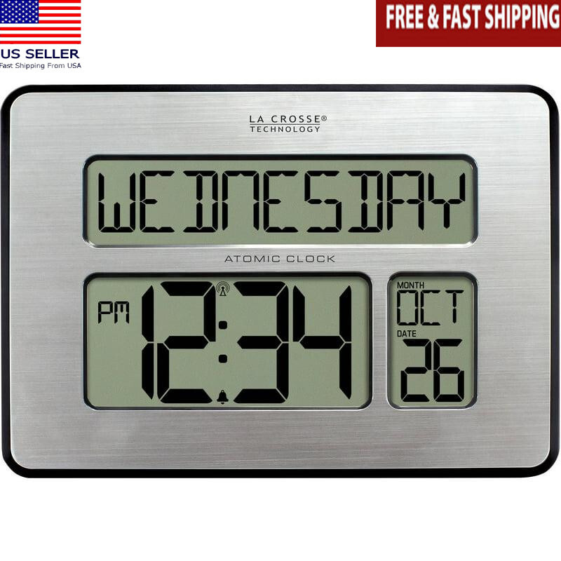 Large Digits Atomic Calendar Clock Alarm Day Date Temp Time zone Sync Silver New-image