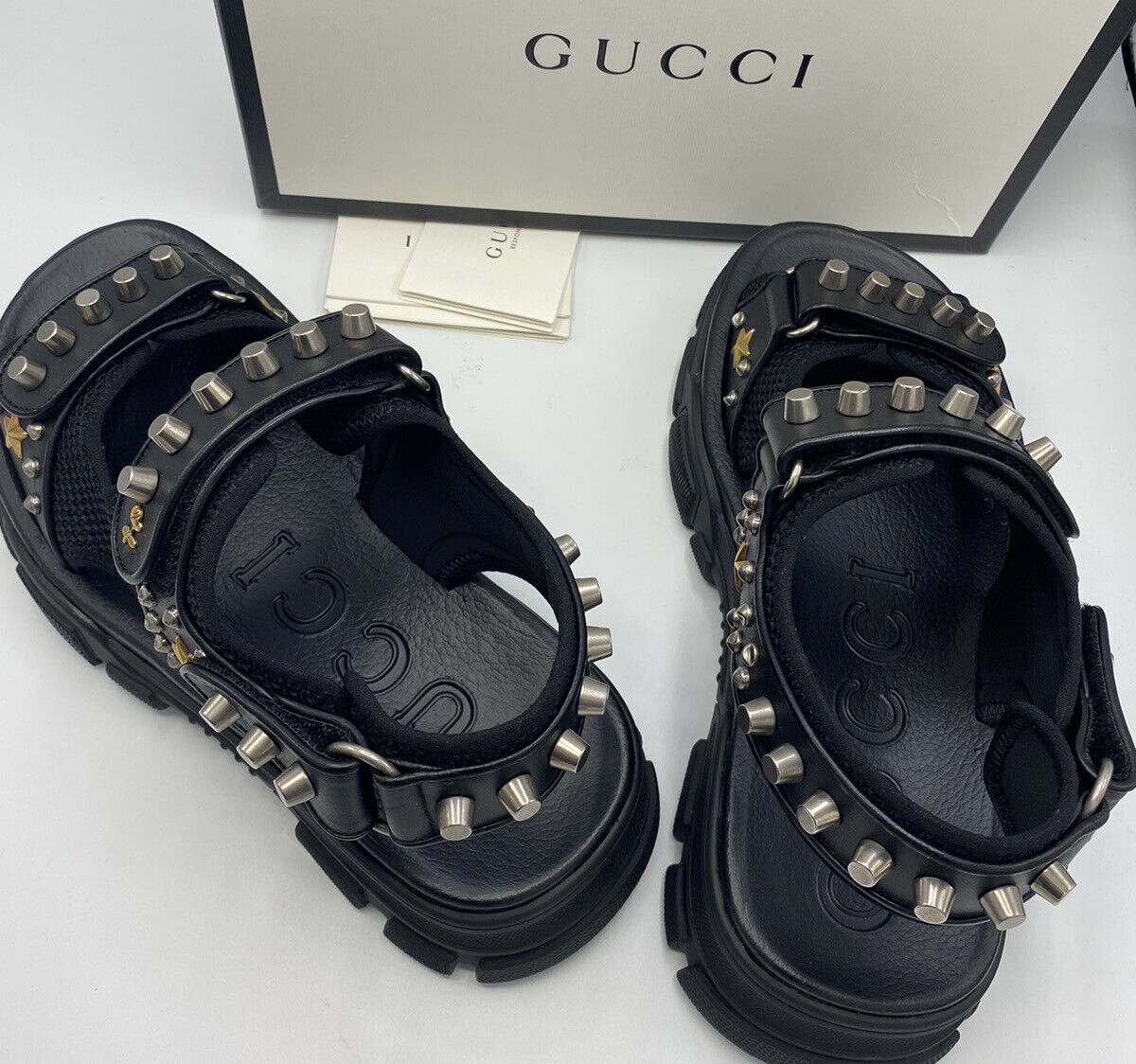GUCCI SANDAL Unisex Trek STUDDED Blk LEATHER NAPPA PANTO Adj GUCCI SANDAL Unisex Trek STUDDED Blk LEATHER NAPPA PANTO Adj