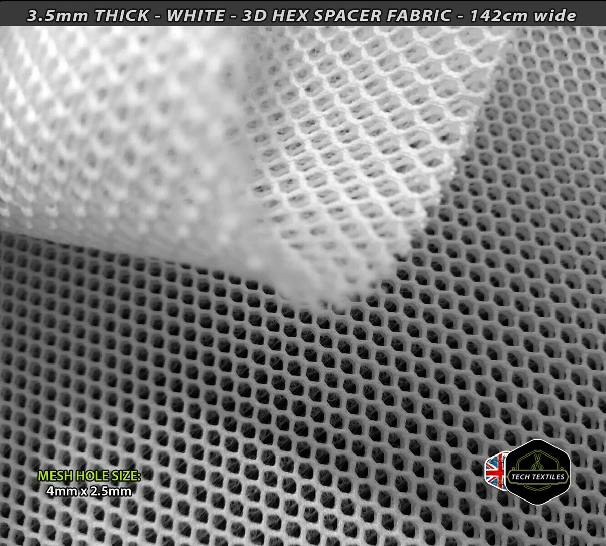 3.5mm* - WHITE - 3D SPACER HEX MESH FABRIC - BAGS BACKPACKS & MORE - 142cm  wide