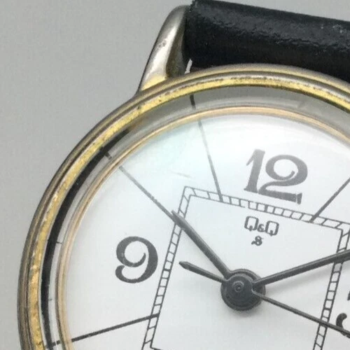 Vintage Q&Q Watch Women 23mm Gold Tone White Dial Black Leather Band Manual Wind - image 3 of 4