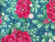 COTTON FABRIC - RED POINSETTIAS WITH HOLLY LEAVES VIP CRANSTON COLLECTIONS - 1YD