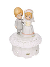Vtg Bride Groom Wedding Cake Topper 1973 Wilton Boy Girl Gray Suit Daisies