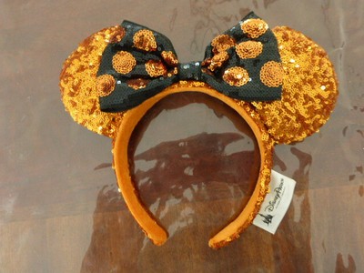 Disney Parks Minnie Sequin Polka Dot Bow - Orange/Black - Halloween Headband