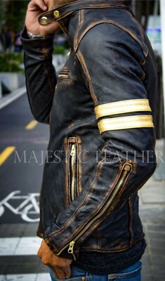 Men's Biker Vintage Golden Striped Black Luxury Handmade Lamb