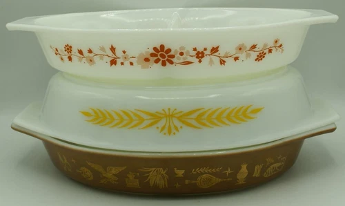 Lot 3 Vintage Pyrex 1.5 QT Divided Casserole - Floral/Royal Wheat/Early American