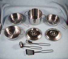 Childs Kitchen Toy Cookware Metal Pots Pans Utensils 9 pc