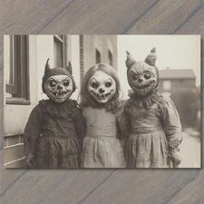 Art Print Children in Eerie Creature Masks Strange Old-Fashioned Halloween Kids