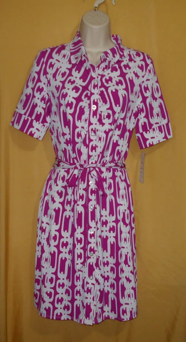 MSK women s magenta white church stretch button shirt dress 2 pc w belt 78
