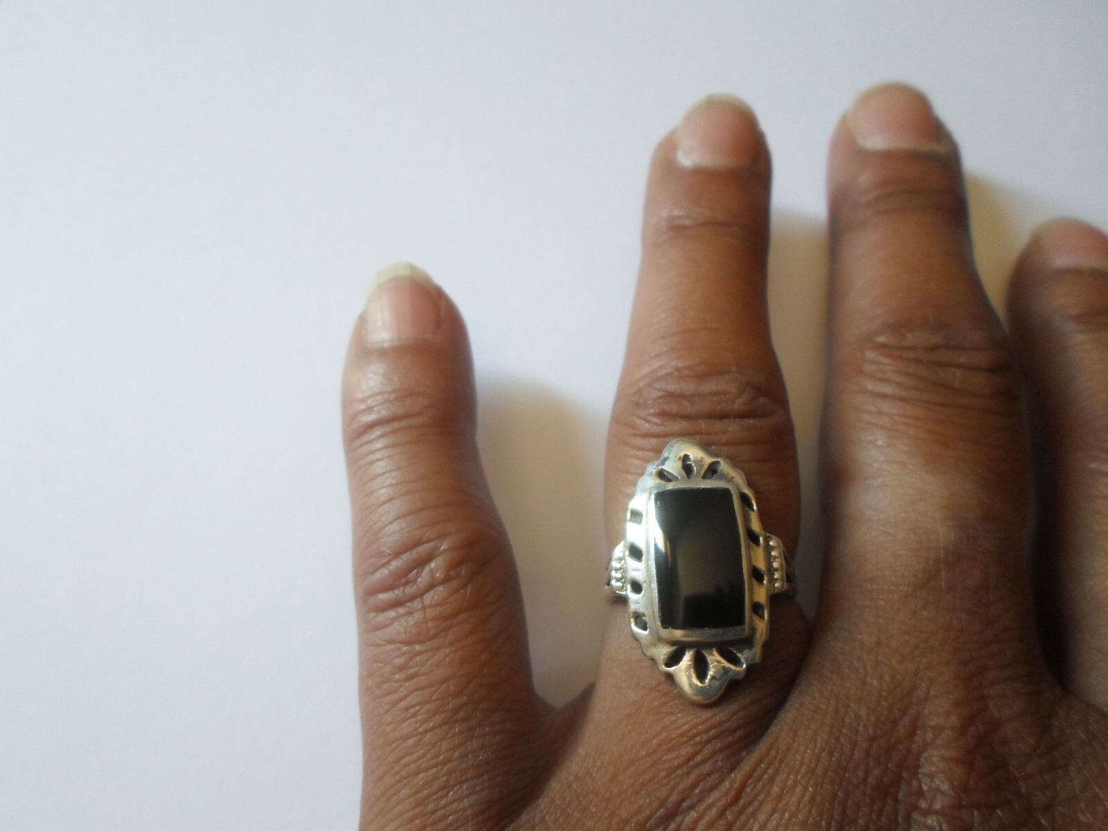 solid silver ring, onyx rectangle, openwork outli… - image 1