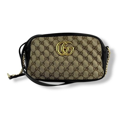 Gucci GG Marmont Beige/Schwarz Leder Kleine Handtasche