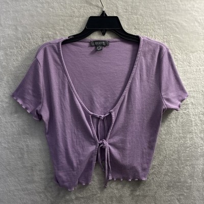 Primark Womans Open Tie Blouse Top Purple Medium Cotton Short Sleeve Scoop