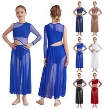 US Girl's Contemporary Dance Dress Mesh Asymmetrical Leotards Tulle Maxi Skirted