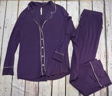 Soma Cool Nights Pajama Set Purple White Piped Button Top Pants Sz S Sleepwear