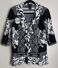 Ali Miles Womens Small Black White Cardigan Flower Button Patchwork Ruffles Cute