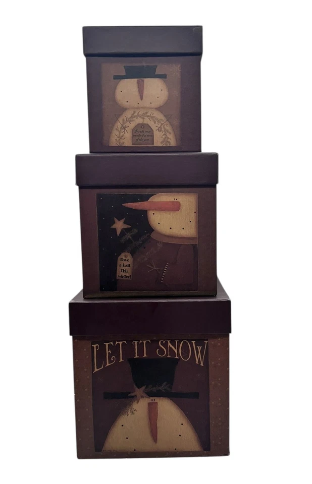 3 Vtg Snowman Stacking Nesting Boxes Blossom Bucket Primitive Folk Art Christmas - Image 2 of 4