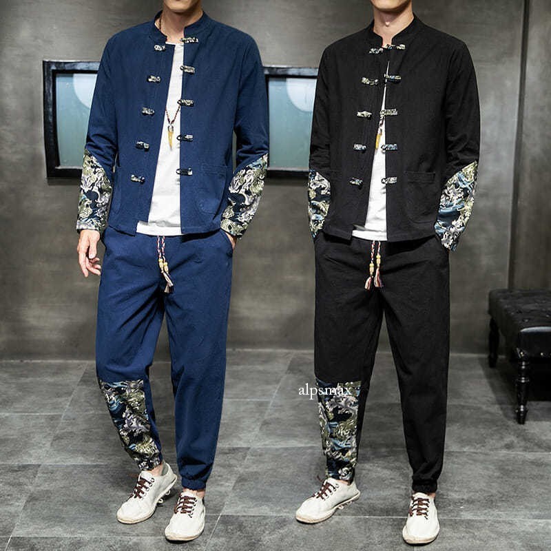 Chinese-style Men's Tang Suit Embroidered Button-up Linen Coat Retro Hanfu Sets