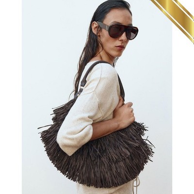 Zara Paper Fringed Tote Bag with Shoulder Strap Metal Detail Handbag - Chocolate