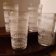 SET OF 4 Vintage Atomic White Lace Patterned Drinking Glass, Gold Rim 