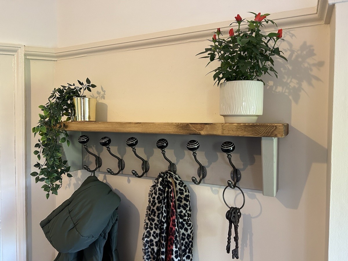 Stone and Medium Oak Coat Rack With Shelf Hand painted black and cream  Hooks