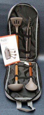 Wolfgang Puck 4 Piece Kitchen Utensil Set w/Carry Bag Acacia Wood Silicon Heads