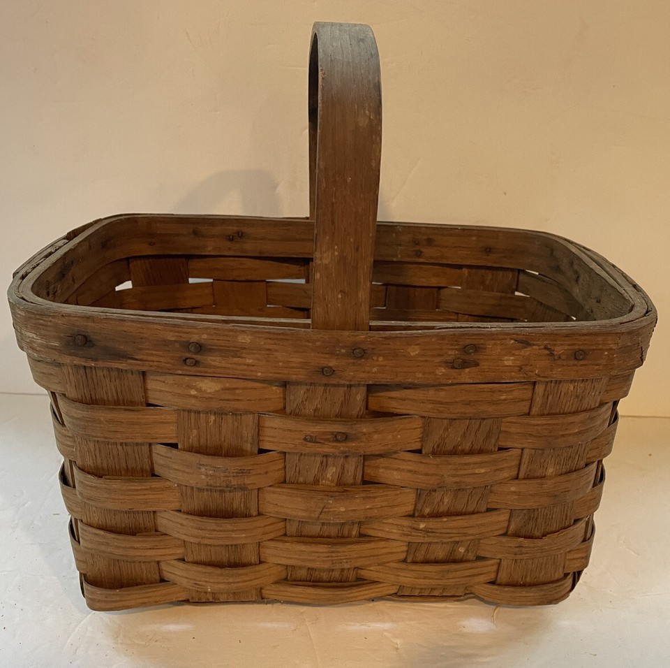 Ant Hand Woven Basket Ash Splint Wood Handle New England Primitive ...