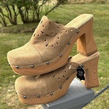 Vintage 90s y2k Fashion Bug Clogs 8 Mules chunky wooden platform suede Shoes NOS