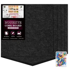 Felt Cork Board Tiles 6 Pack Black Bulletin Boards 12"x12" - 1/2" Thick Corkb...