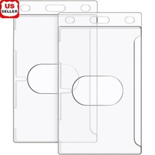 Clear ID Badge Holder 2 Pack Hard Plastic Vertical Name Card Thumb Slot New