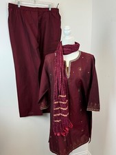 Pakistani/Indian Cotton Burgundy  Gold Embroidered Tunic/Pants/Scarf Outfit