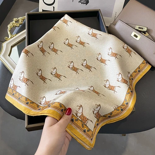 100% Mulberry Silk Women Vintage Neckerchief Wrap Yellow Horse 26" Square Scarf - Bild 5 von 5