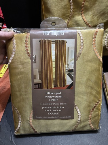 Pier 1 Imports NEW 3 Curtains Panels 54” 84” Window Panel Billowy Gold Geometric - Picture 2 of 6