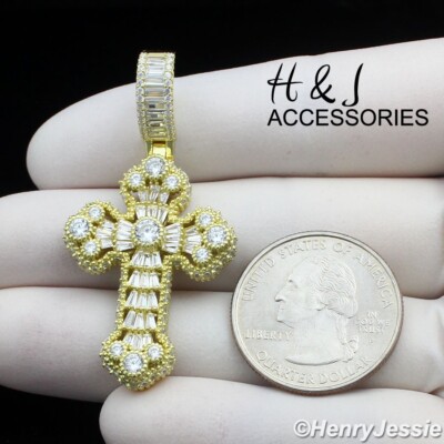 MEN 925 STERLING SILVER ICY BAGUETTE CZ 3D GOLD PLATED CROSS CHARM ...