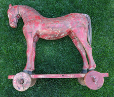 Antique Carved Wood Riding Horse Wheels Childs Toy 1800's Excellent Original