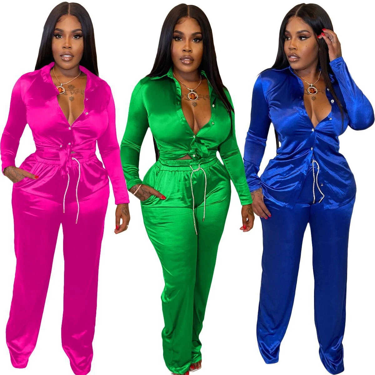 Womens Fashion Two Piece Shiny Satin Glossy Outfits Long Sleeve