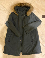 Women's Mid-Length Hooded Parka Faux Fur Trim Zip/Snap - Olive color