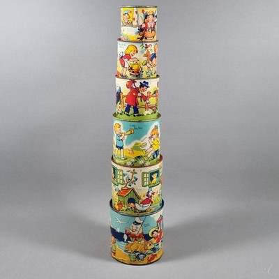 Vintage Chad Valley Wee-Kin Stapelspielzeug Blechteller Tassen Kinderreime komplettes Set