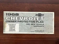 Original 1968 Chevrolet Car Owner Protection Plan & Vehicle Warranty